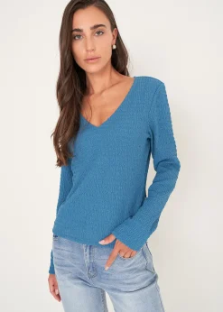 T-shirt Simply a rilievo con scollo a V